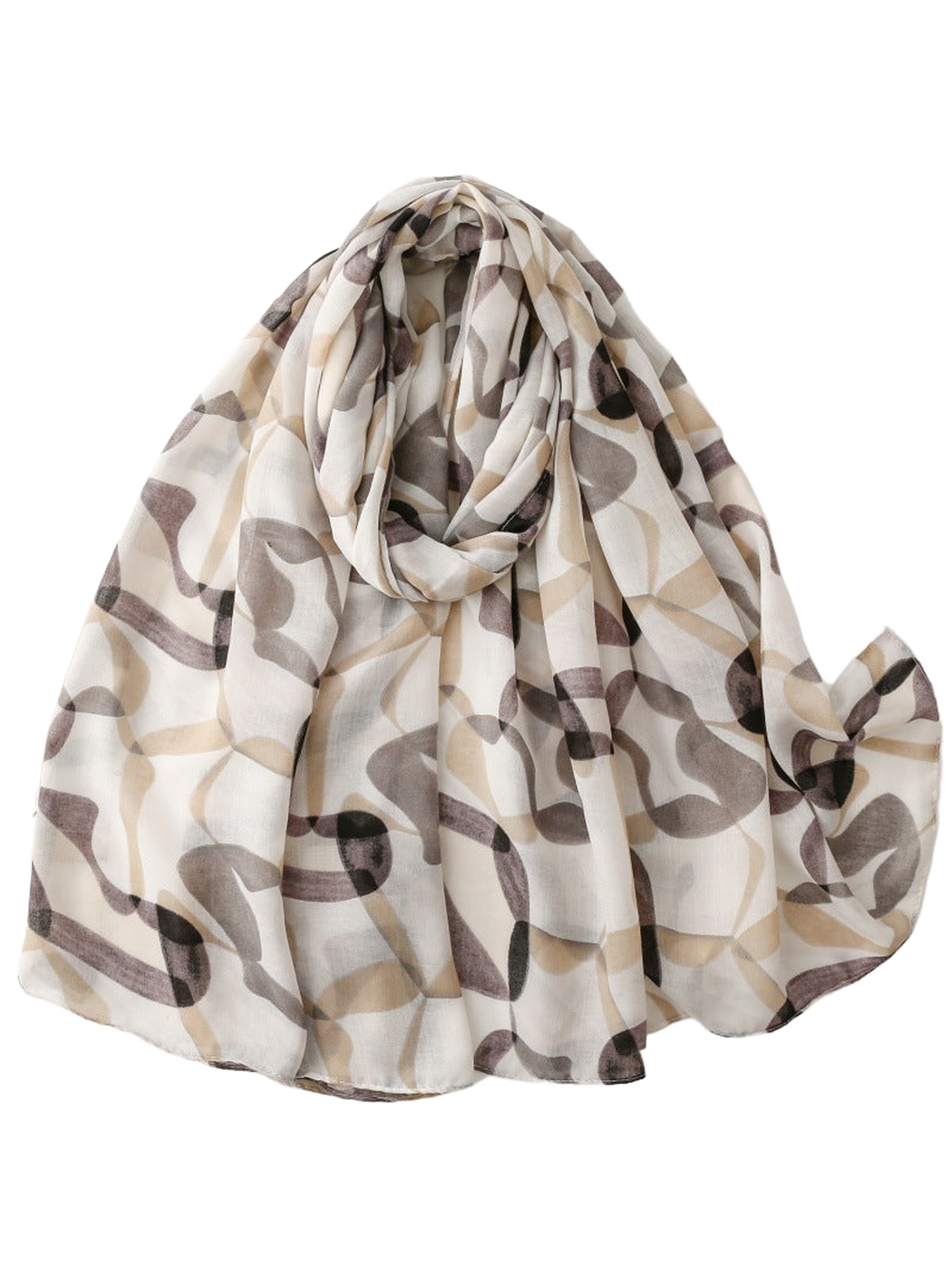 Gray, taupe and beige abstract-print scarf in a full draped view