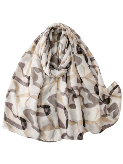 Gray, taupe and beige abstract-print scarf in a full draped view