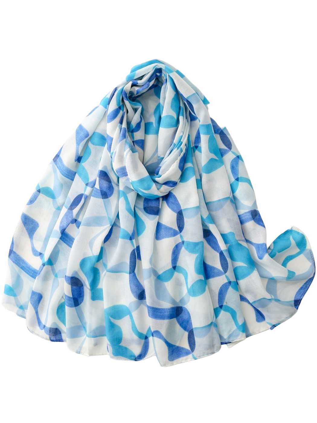 Blue and turquoise abstract-print scarf in a full draped view