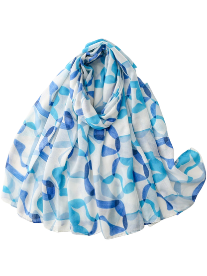 Blue and turquoise abstract-print scarf in a full draped view