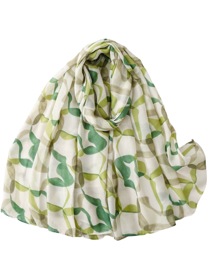 Green abstract-print scarf in a full draped view