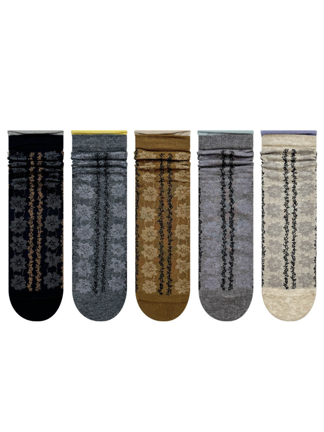 Five floral crew sock colors displayed together