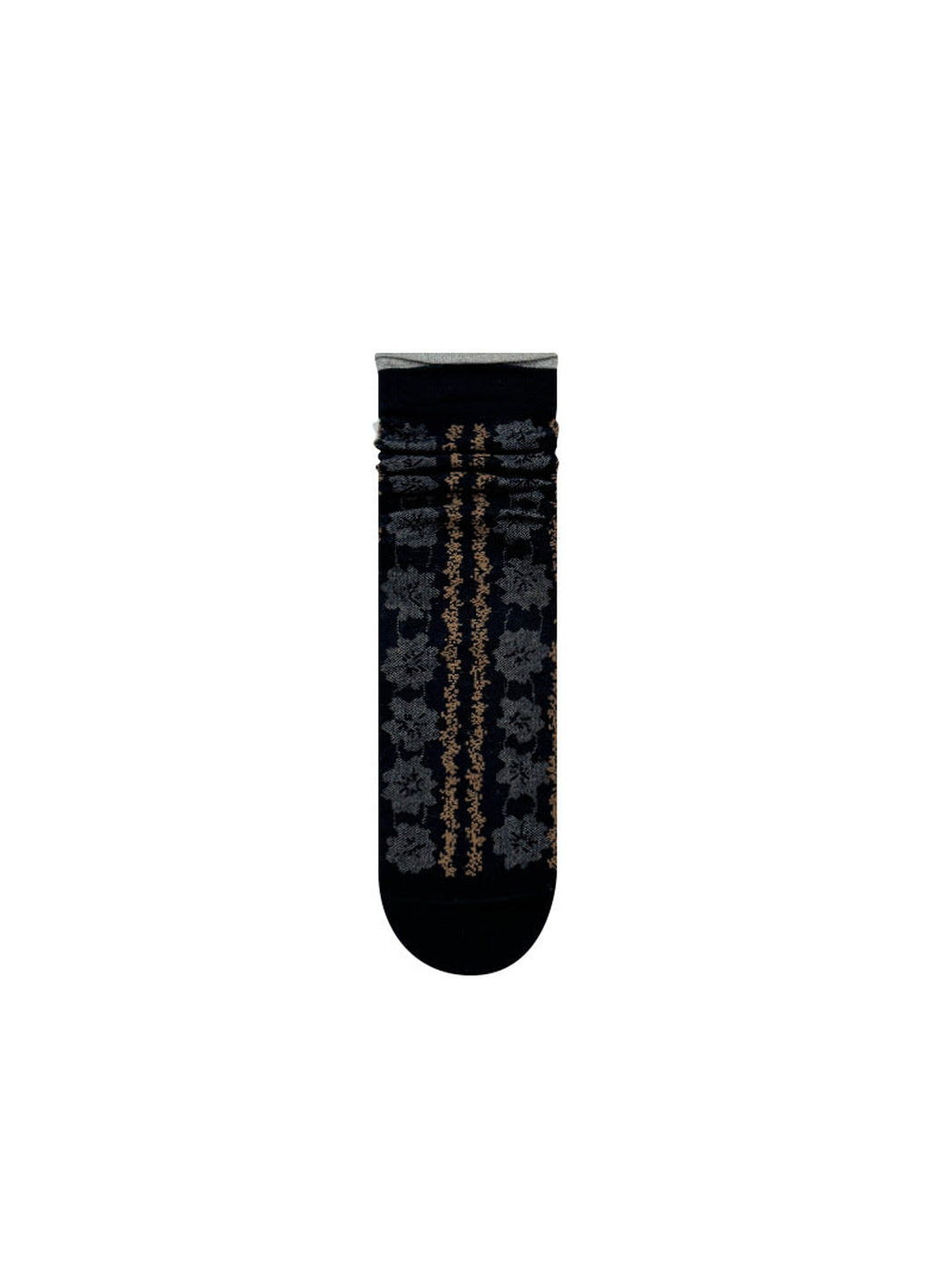 Black floral crew sock with vertical accent stripes