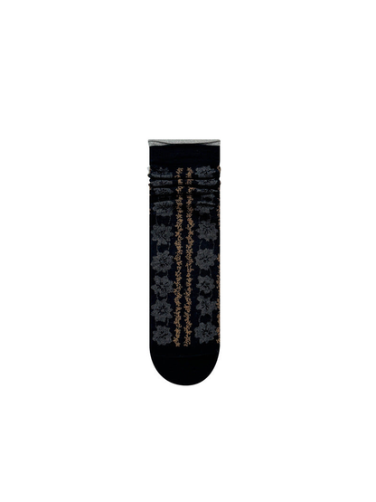 Black floral crew sock with vertical accent stripes