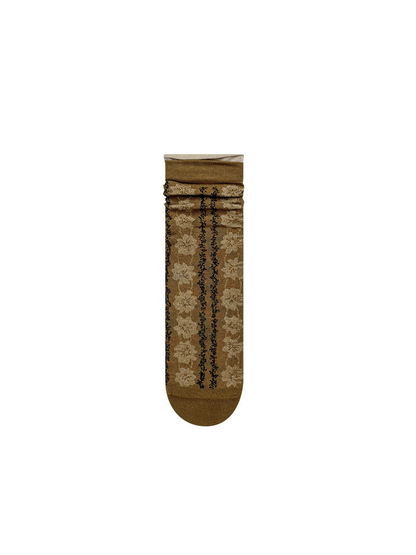 Camel floral crew sock with vertical black accent stripes