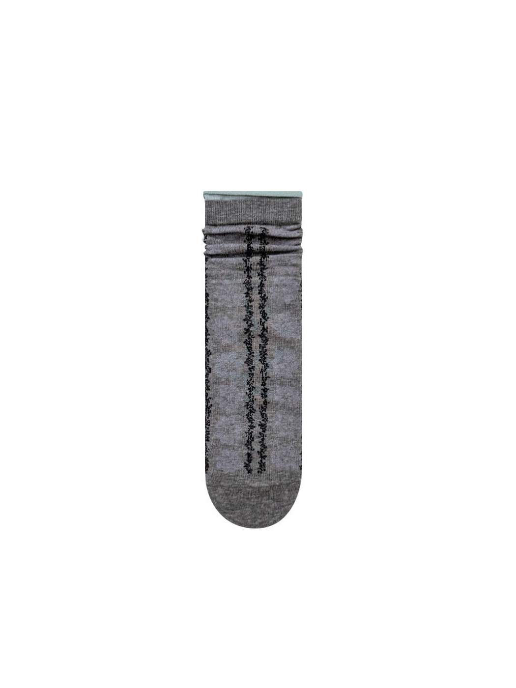 Gray floral crew sock with vertical black accent stripes