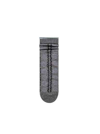 Gray floral crew sock with vertical black accent stripes