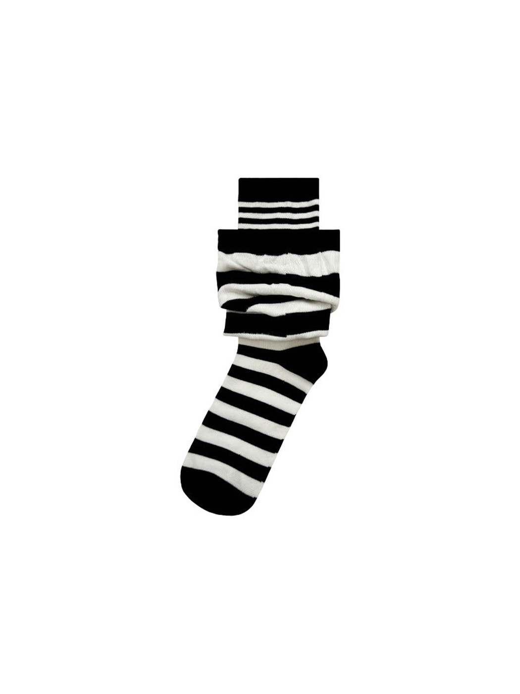Black and white striped layered crew sock on a white background