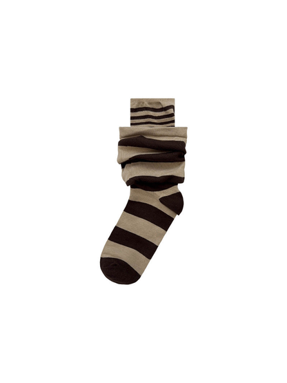 Brown and beige striped layered crew sock on a white background