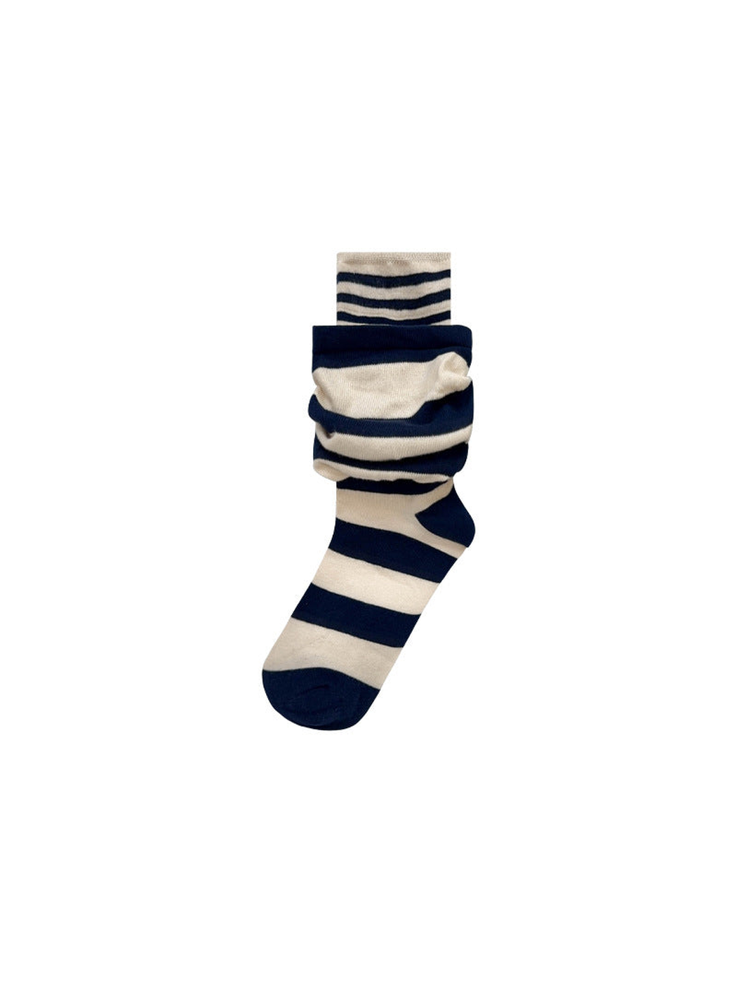 Navy and cream striped layered crew sock on a white background