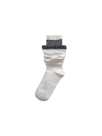 White layered crew sock with striped inner cuff and fuzzy trim
