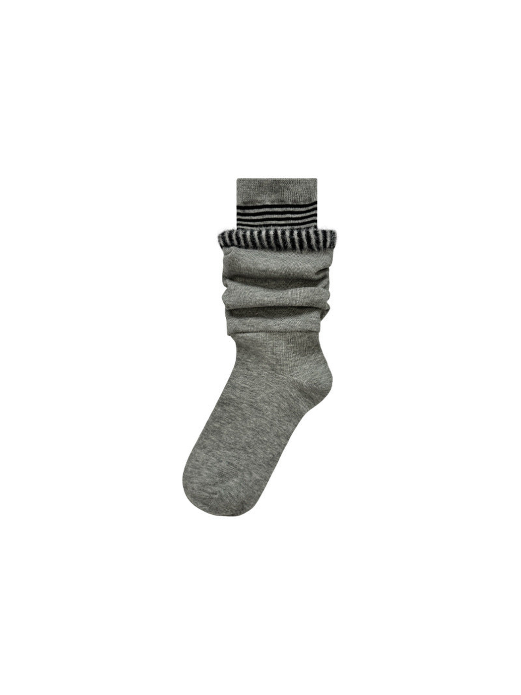 Gray layered crew sock with striped inner cuff and fuzzy trim