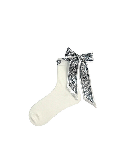 Ivory crew sock with a paisley ribbon bow