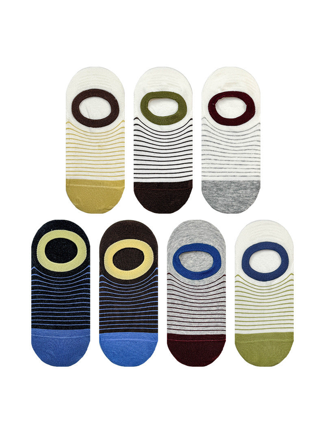 Seven striped no-show sock color options arranged on a white background