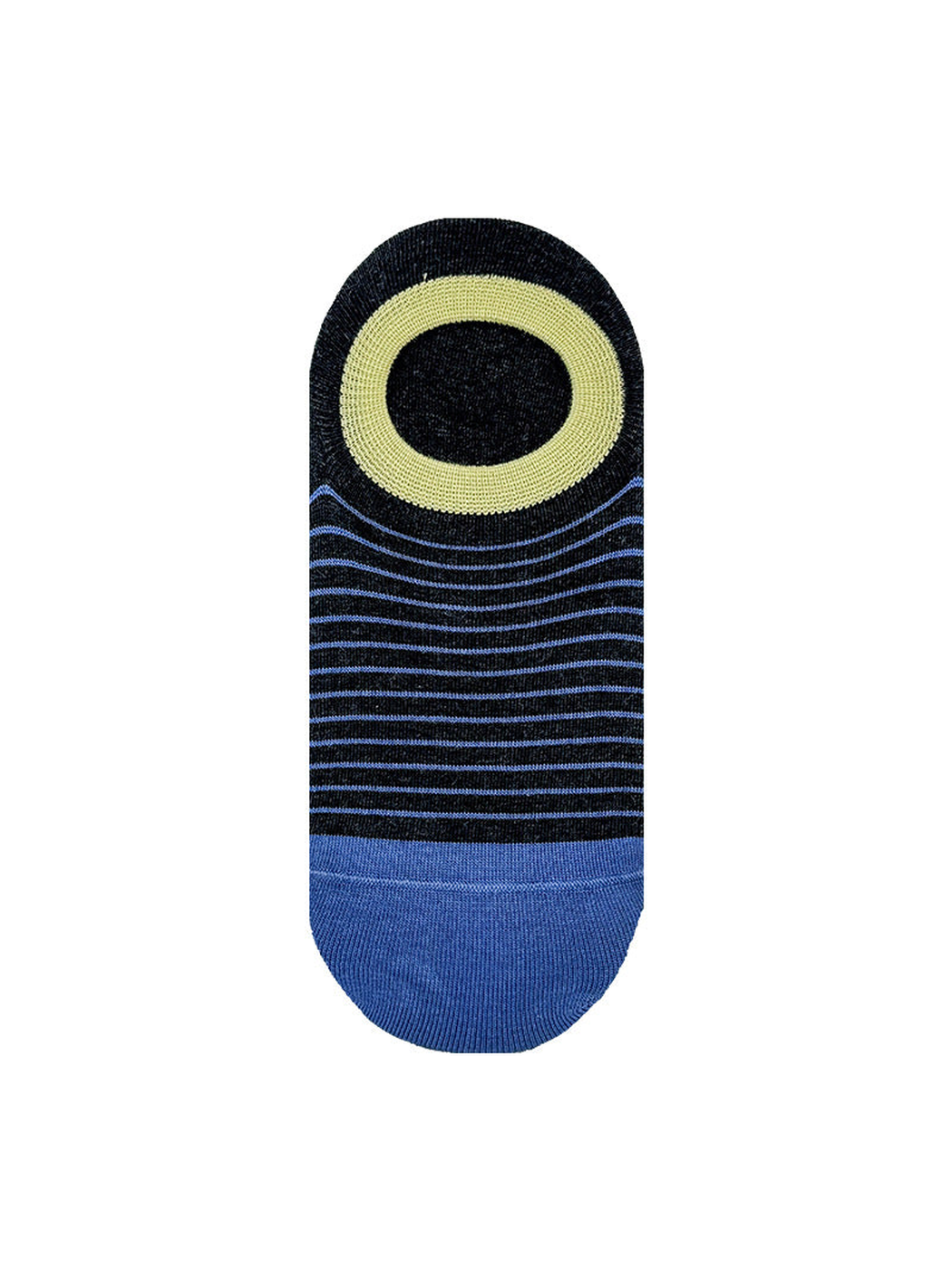 Black striped no-show sock with pale yellow opening and blue toe