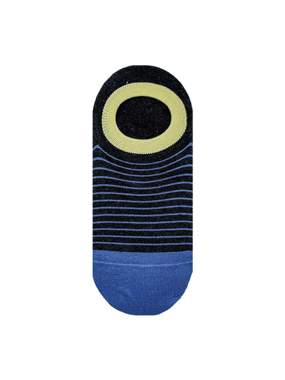 Black striped no-show sock with pale yellow opening and blue toe