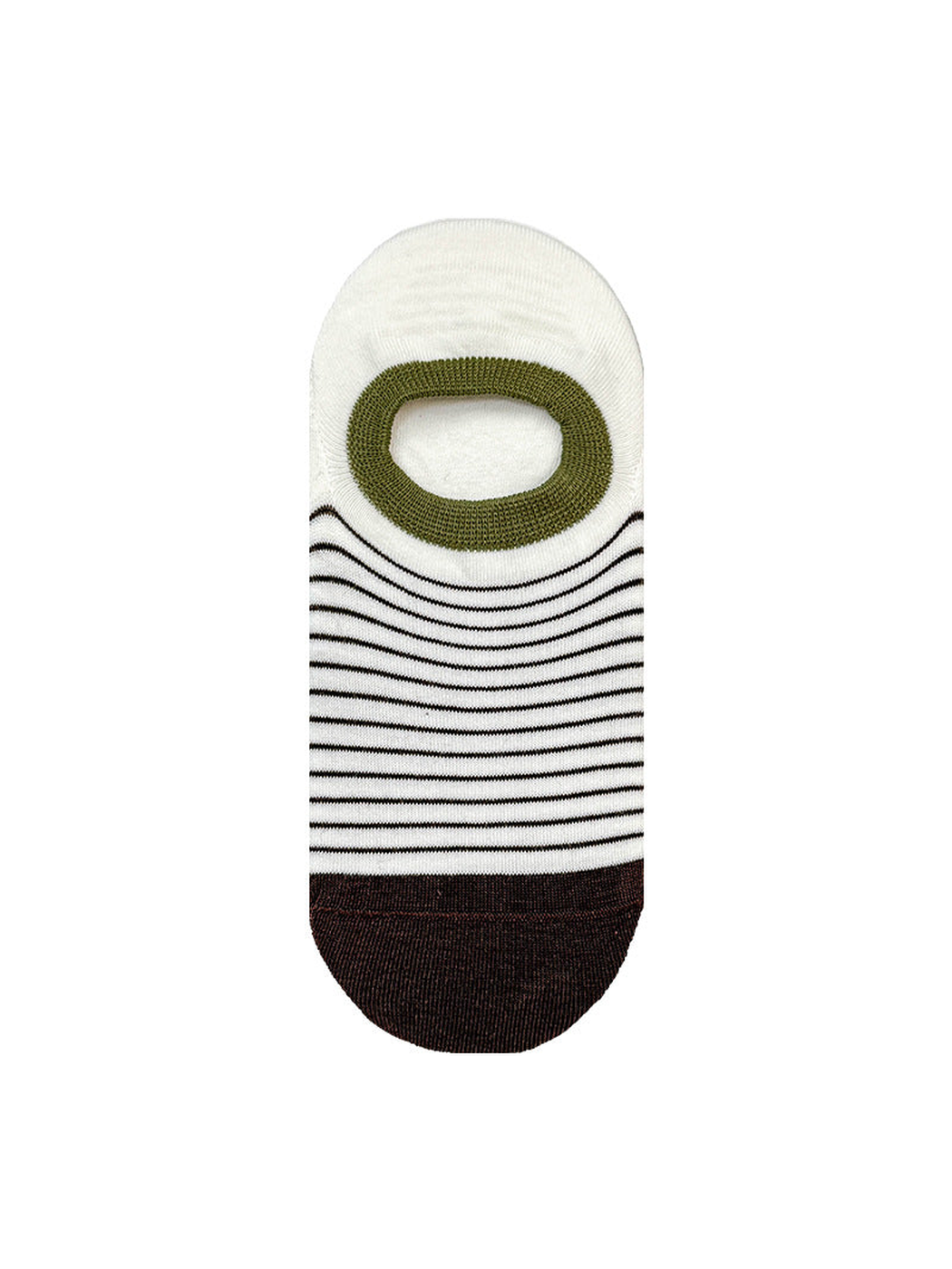 White striped no-show sock with olive opening and dark brown toe