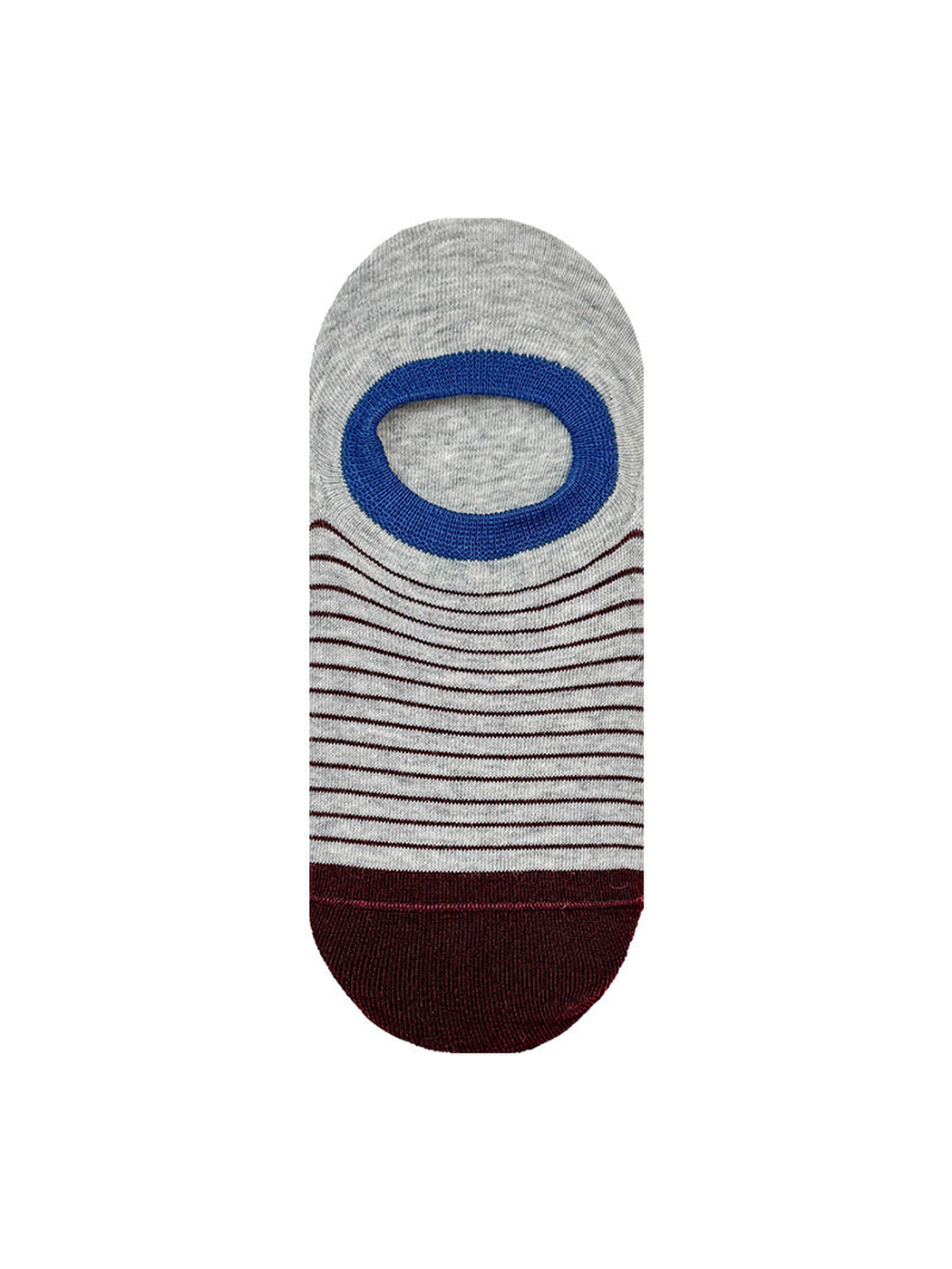 Gray striped no-show sock with blue opening and burgundy toe