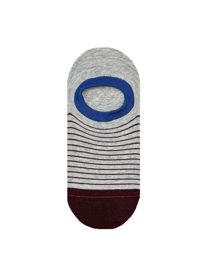 Gray striped no-show sock with blue opening and burgundy toe