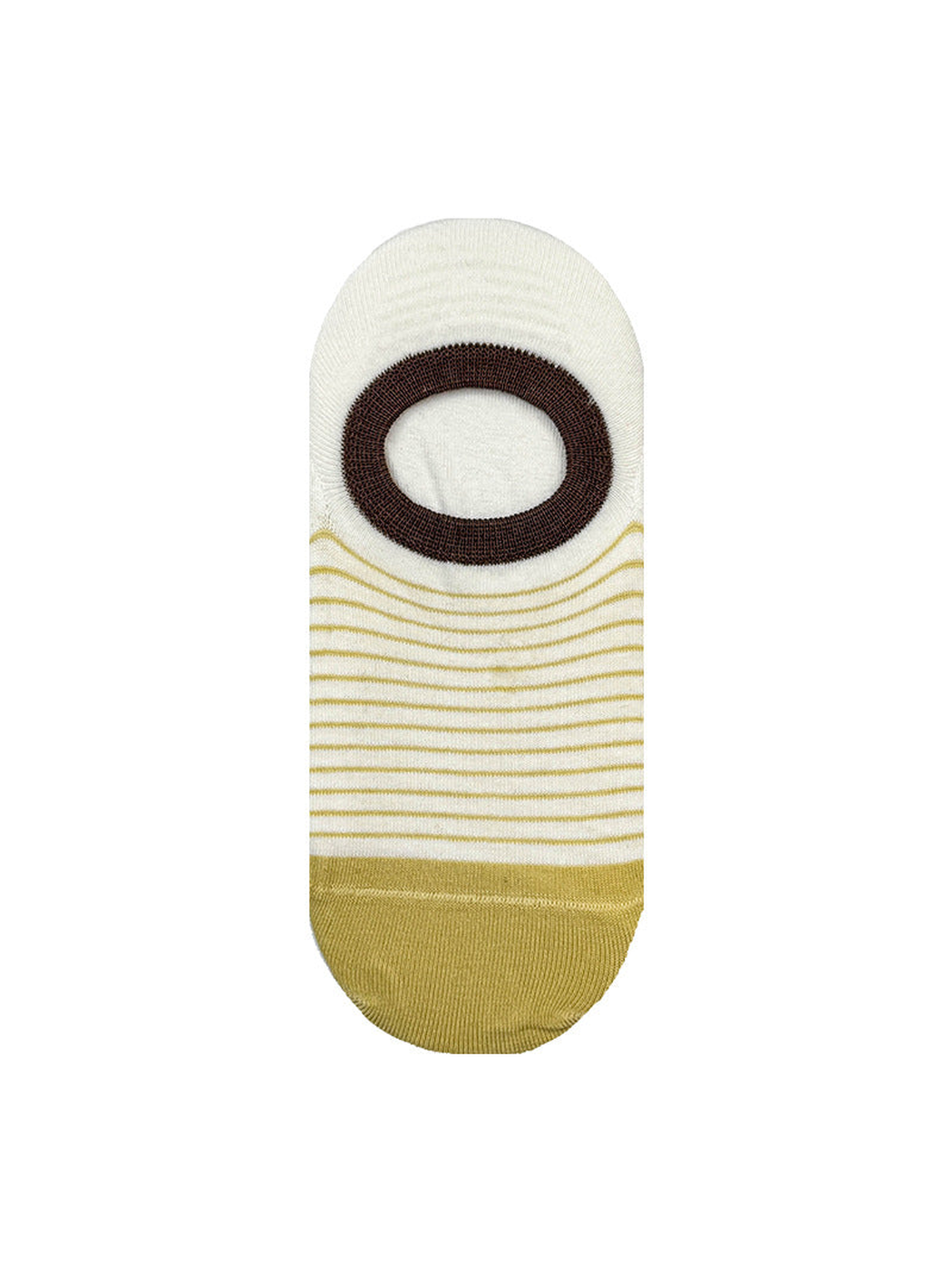 Yellow and white striped no-show sock with brown opening
