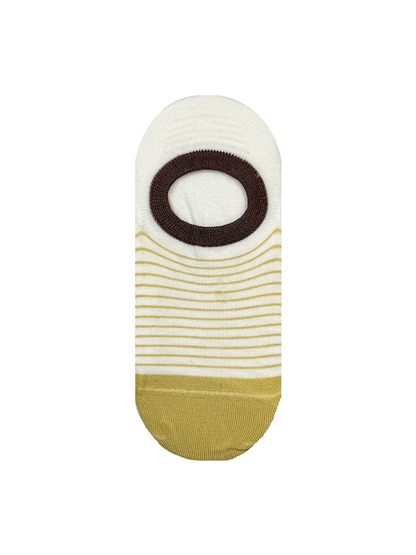 Yellow and white striped no-show sock with brown opening