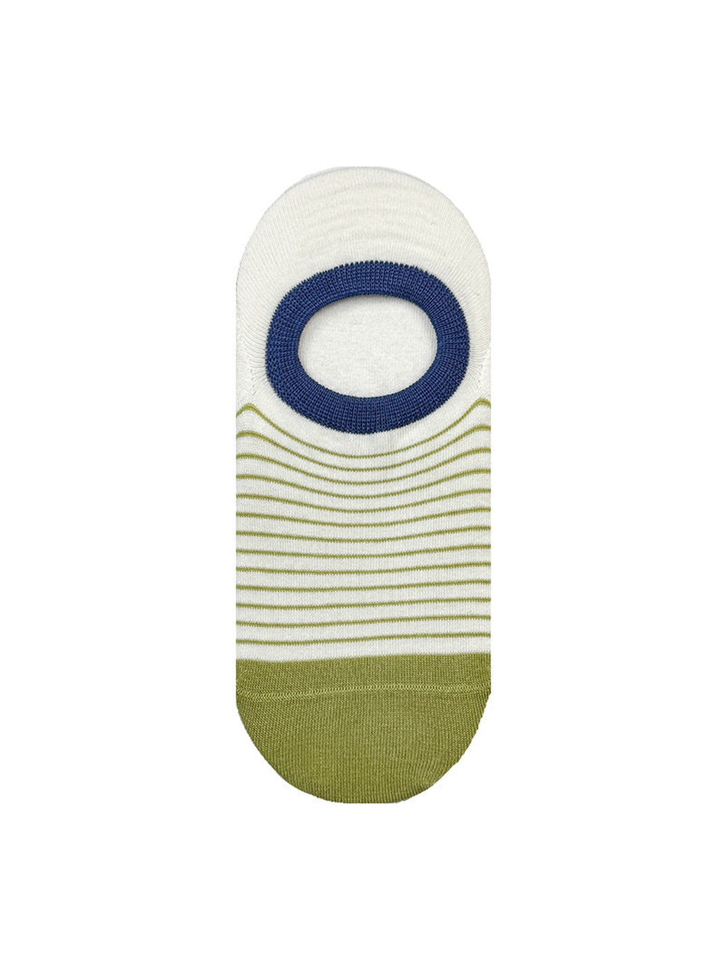 Green and white striped no-show sock with blue opening
