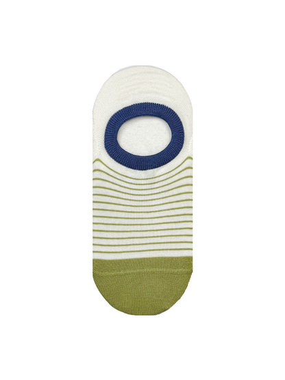 Green and white striped no-show sock with blue opening