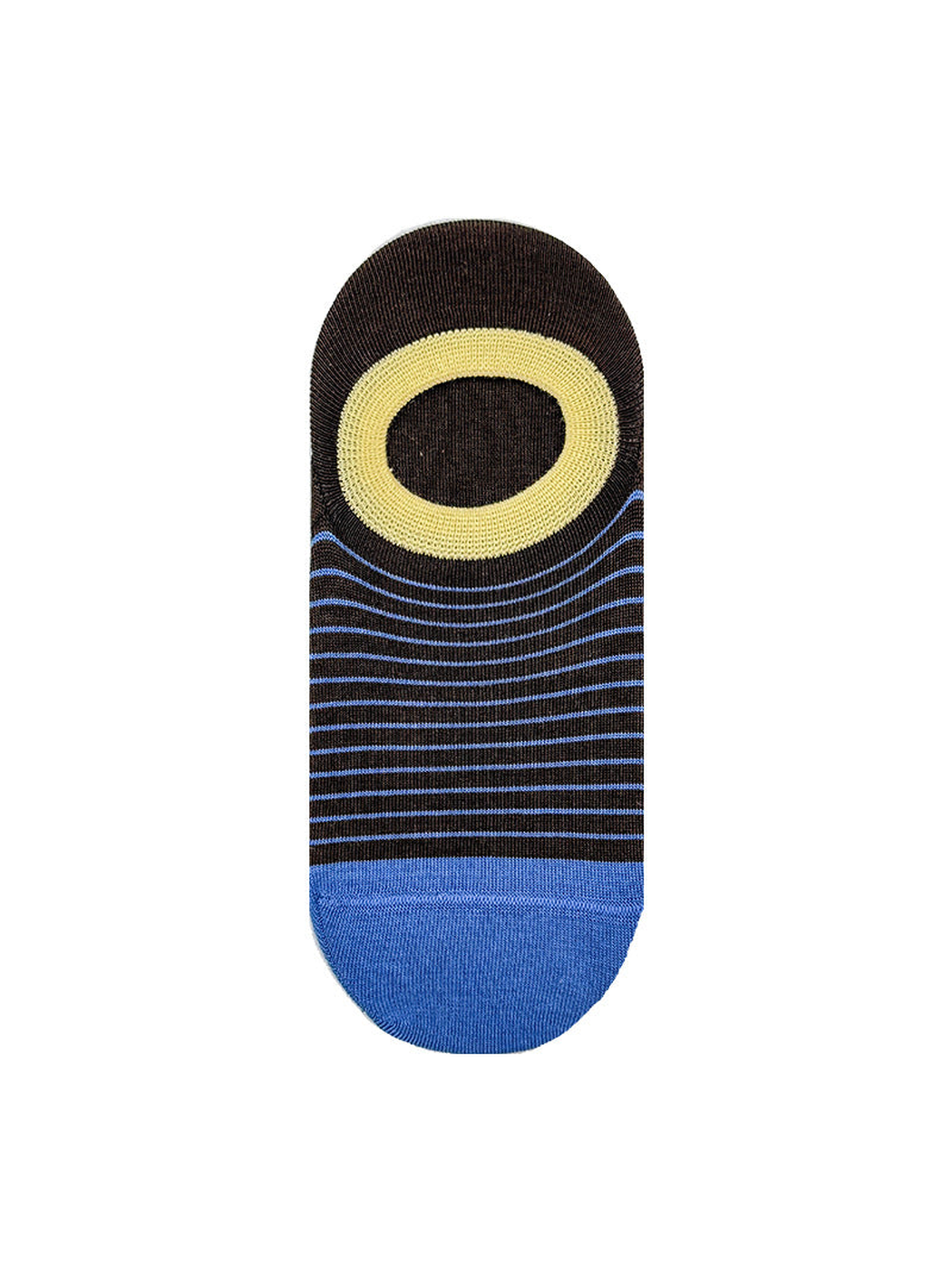Dark brown striped no-show sock with pale yellow opening and blue toe
