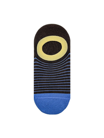 Dark brown striped no-show sock with pale yellow opening and blue toe