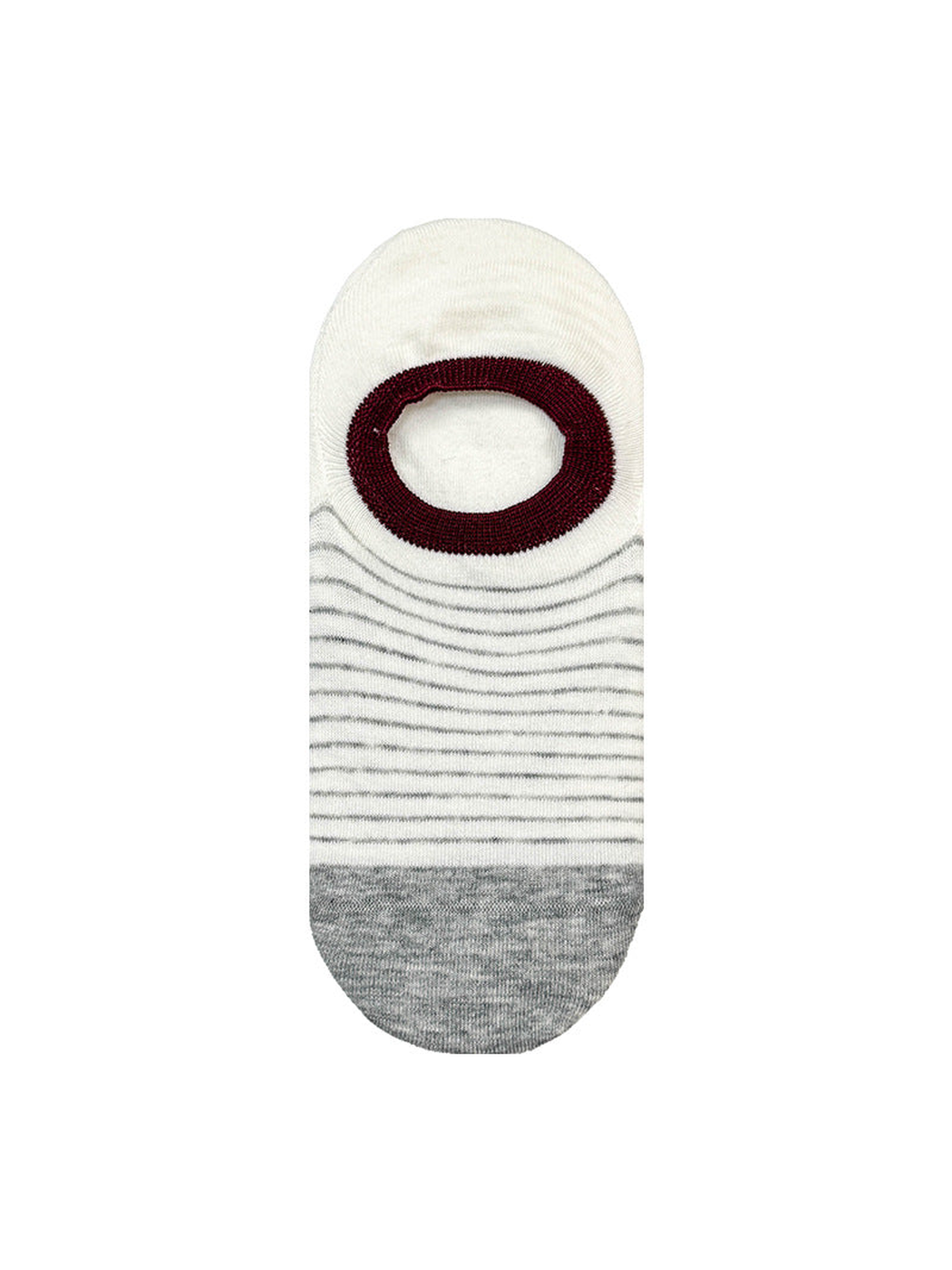 Light gray striped no-show sock with burgundy opening