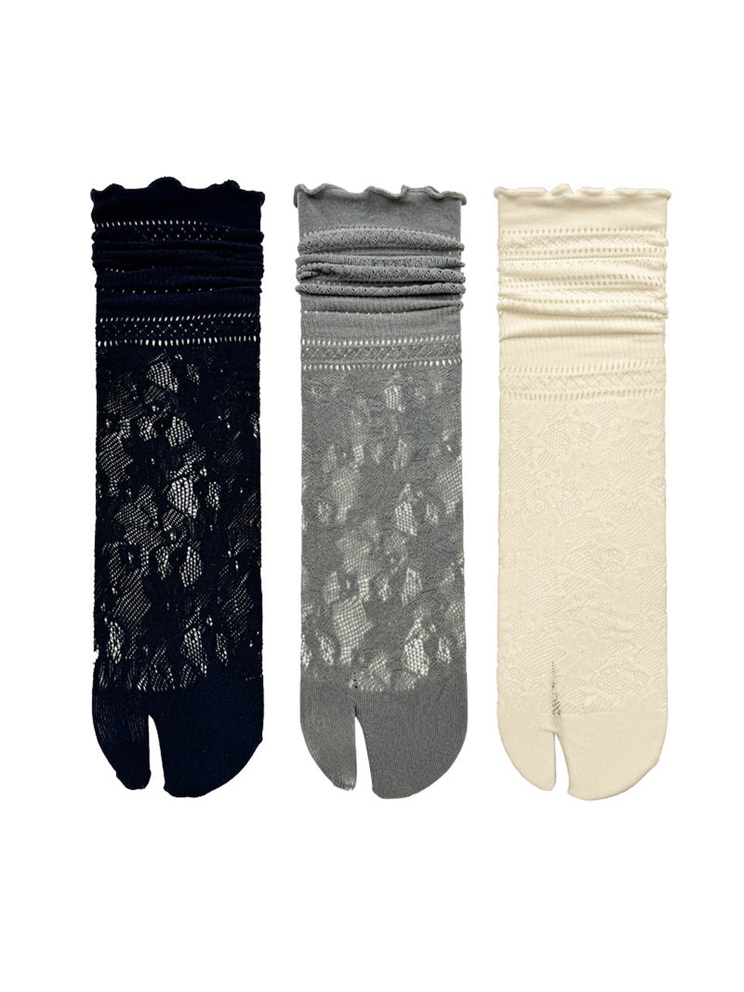 Black, gray and ivory floral openwork split-toe socks displayed together