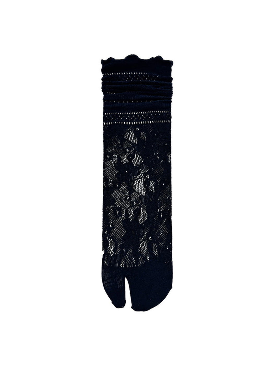 Black floral openwork split-toe sock with ruffled cuff