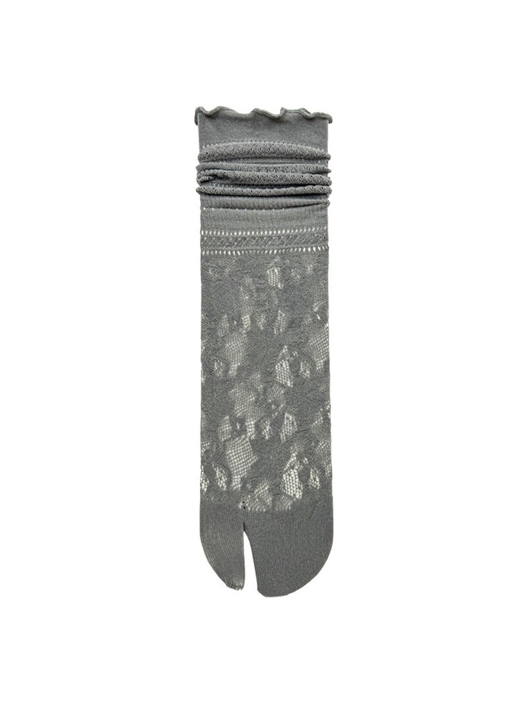 Gray floral openwork split-toe sock with ruffled cuff