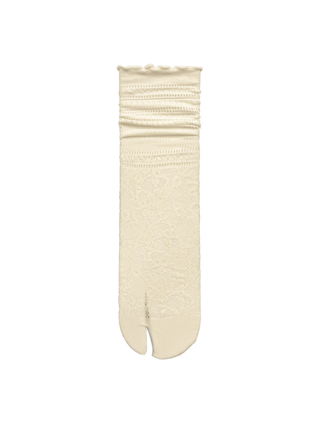 Ivory floral openwork split-toe sock with ruffled cuff