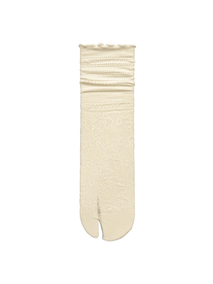 Ivory floral openwork split-toe sock with ruffled cuff