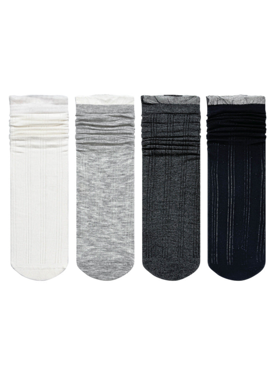 Black, white, dark gray and light gray sheer striped crew socks displayed together