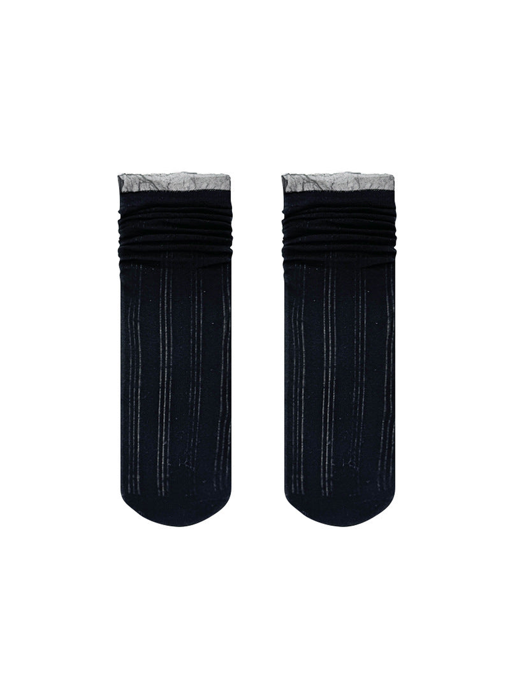Black sheer striped crew socks displayed flat