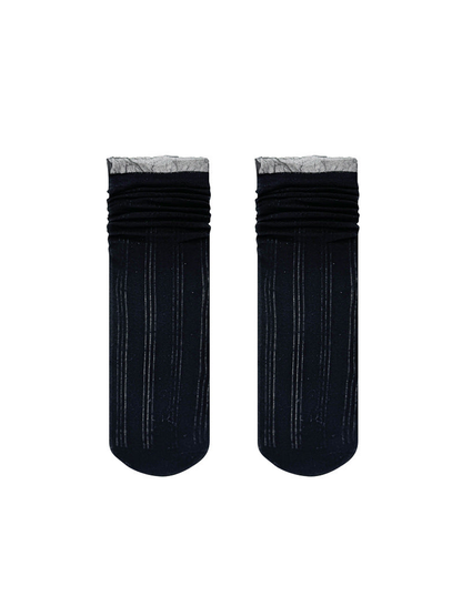 Black sheer striped crew socks displayed flat