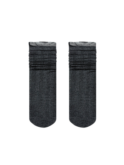 Dark gray sheer striped crew socks displayed flat