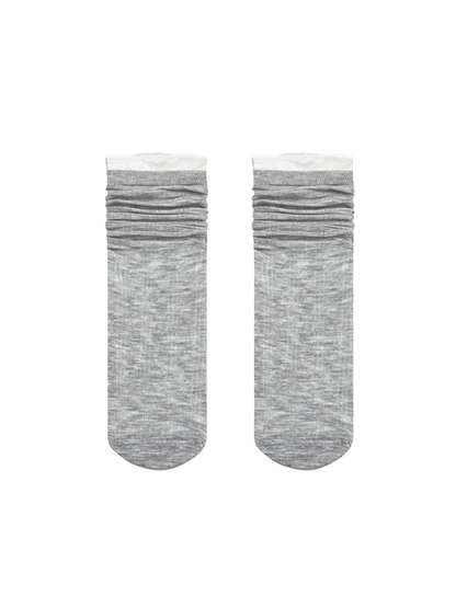 Light gray sheer striped crew socks displayed flat