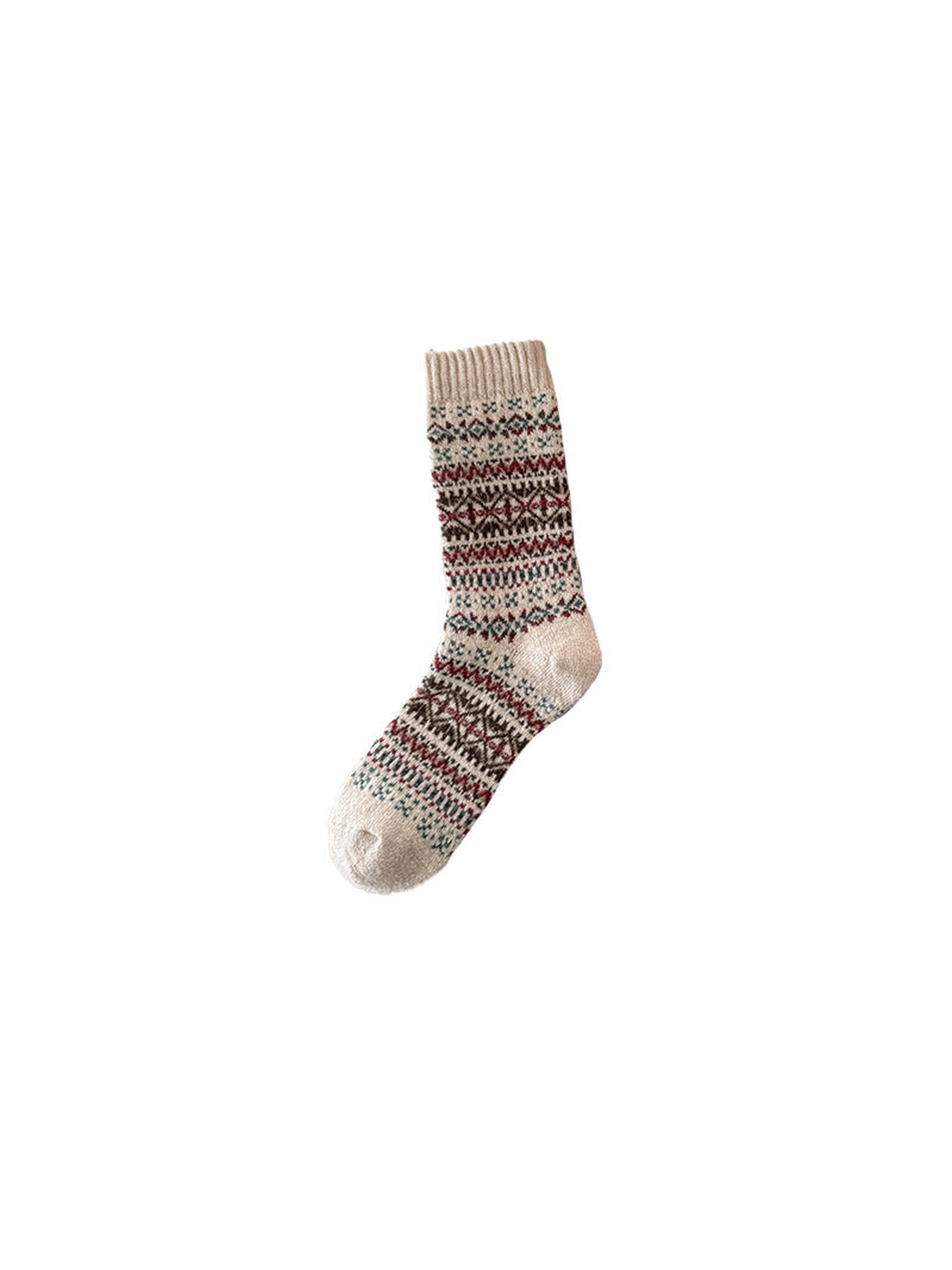 Ivory crew sock with multicolor geometric bands and ribbed cuff