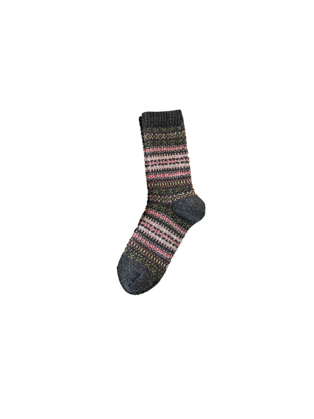 Dark gray crew sock with pink and green geometric bands
