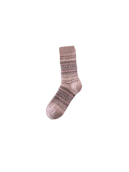 Dusty pink crew sock with muted geometric bands and ribbed cuff