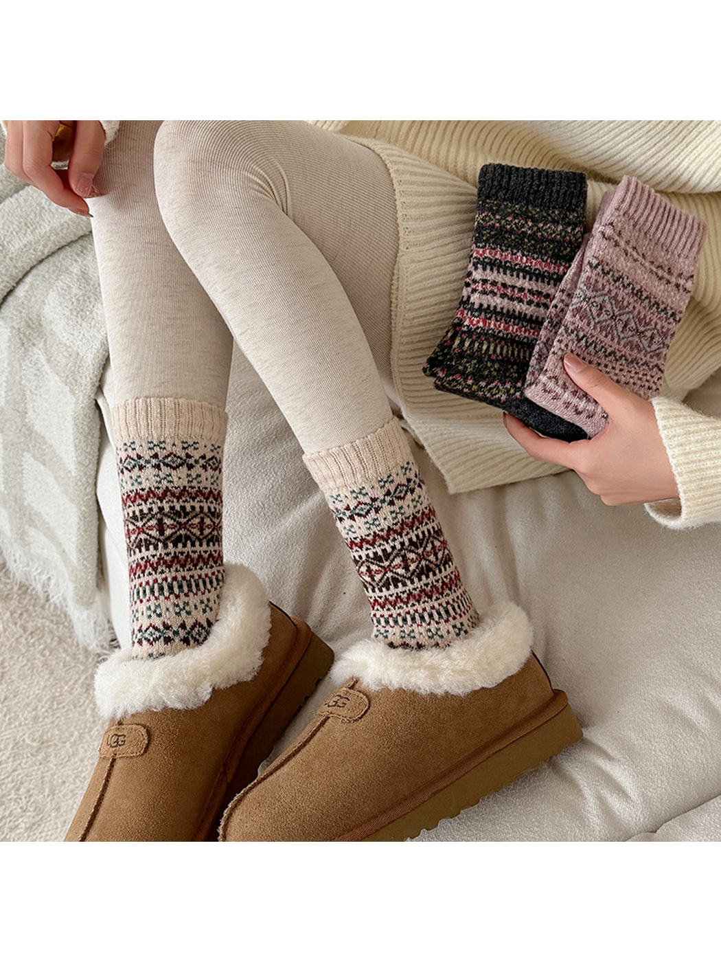 Ivory geometric crew socks worn while dusty pink and dark gray colors are held