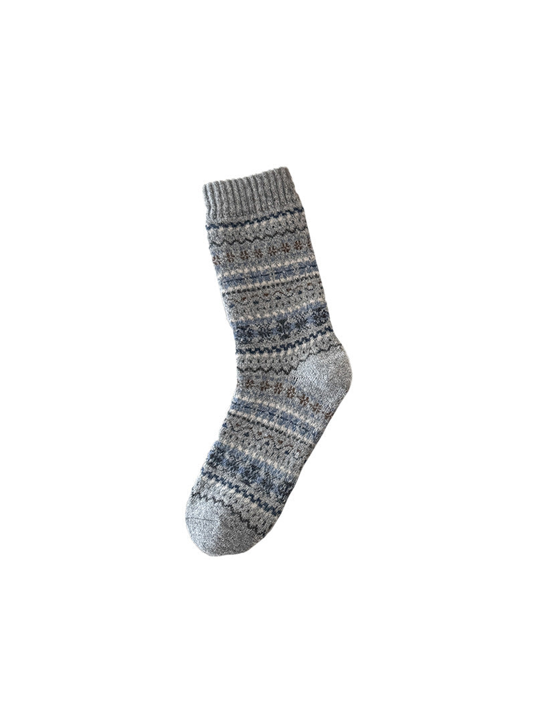 Gray crew sock with horizontal geometric bands and ribbed cuff