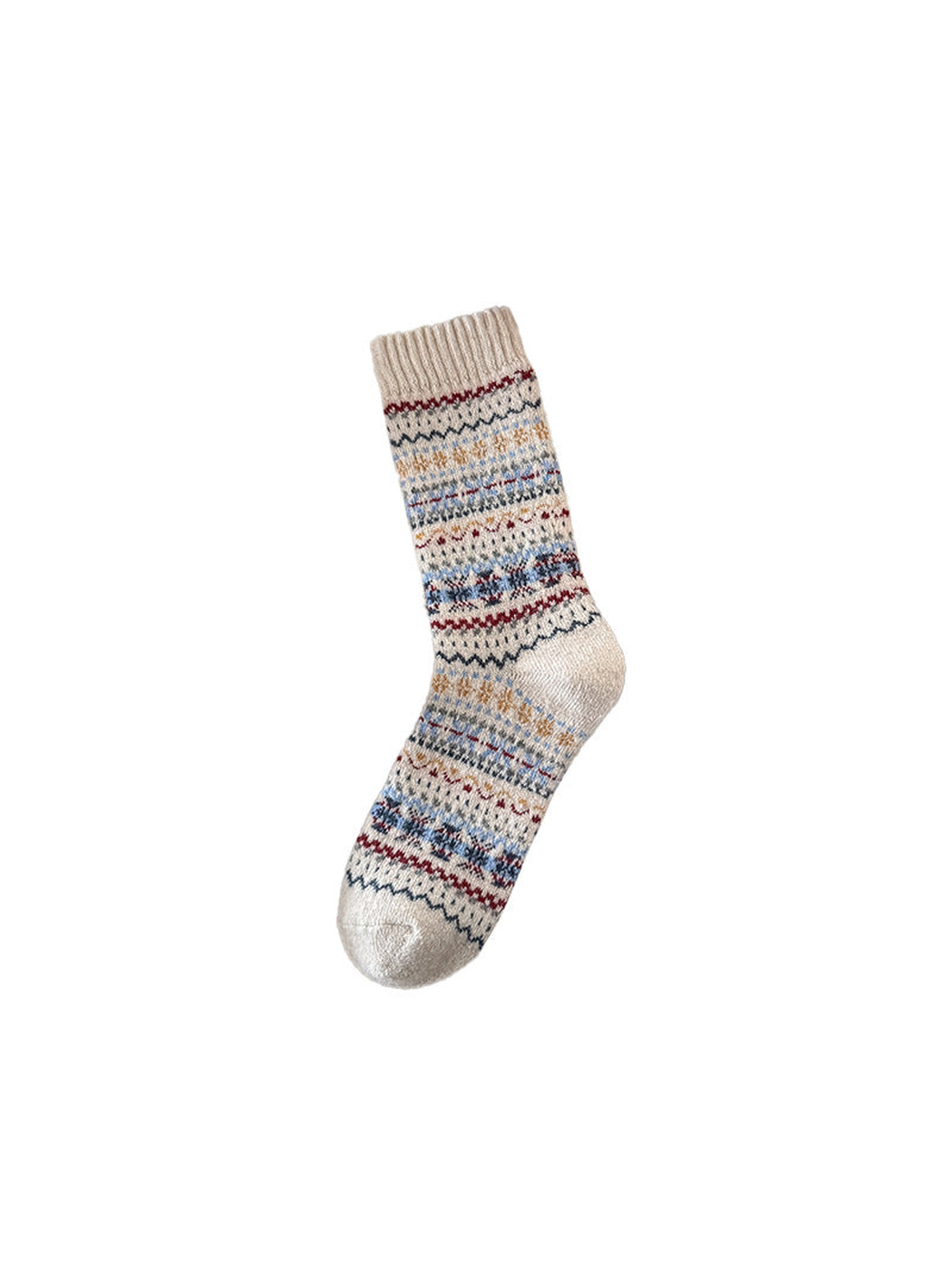 Cream crew sock with multicolor geometric bands and ribbed cuff