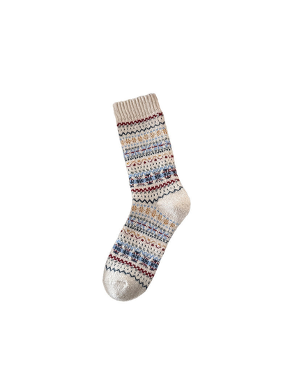 Cream crew sock with multicolor geometric bands and ribbed cuff