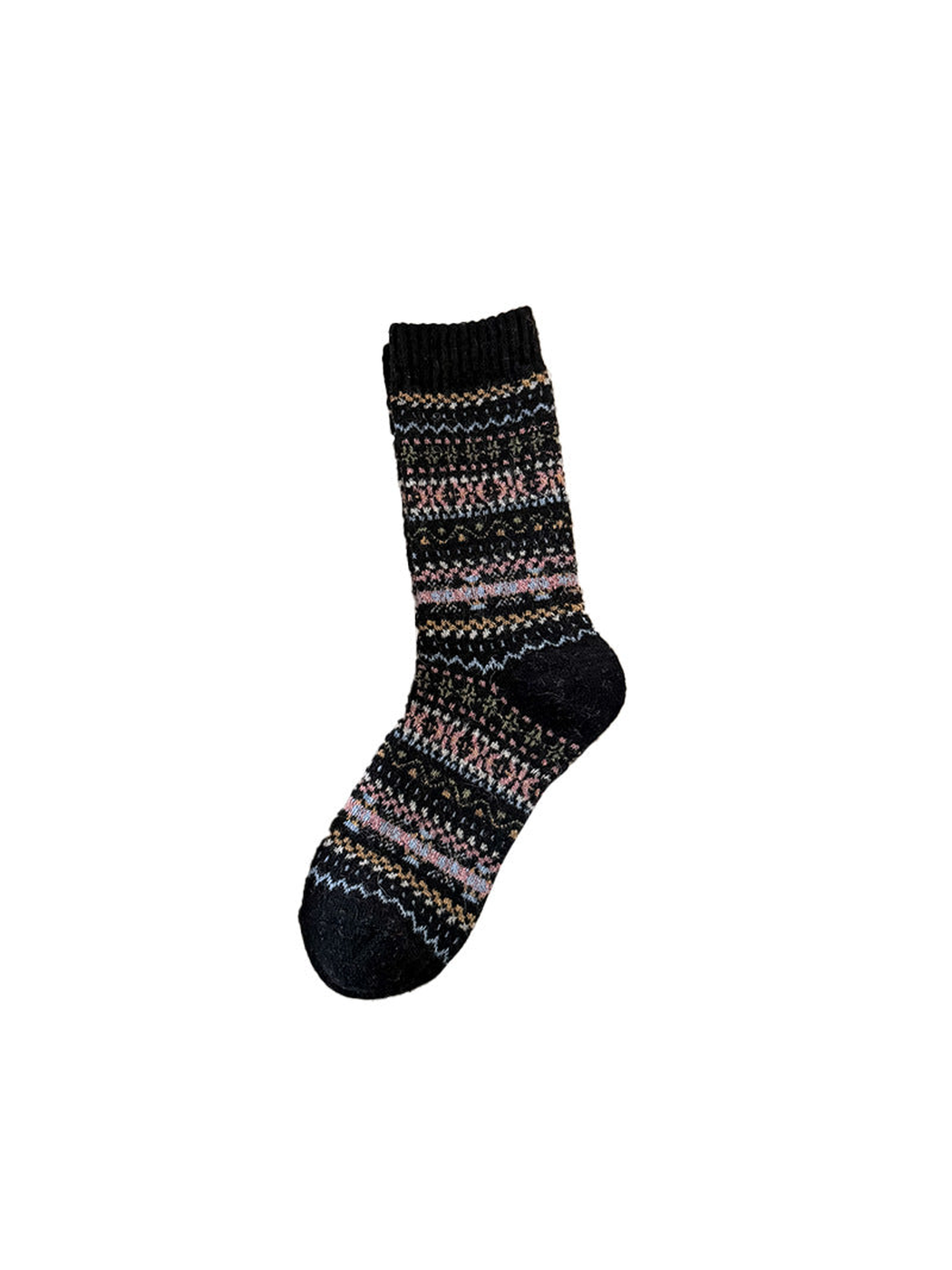 Black crew sock with multicolor geometric bands and ribbed cuff