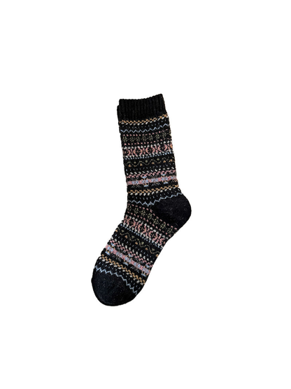 Black crew sock with multicolor geometric bands and ribbed cuff