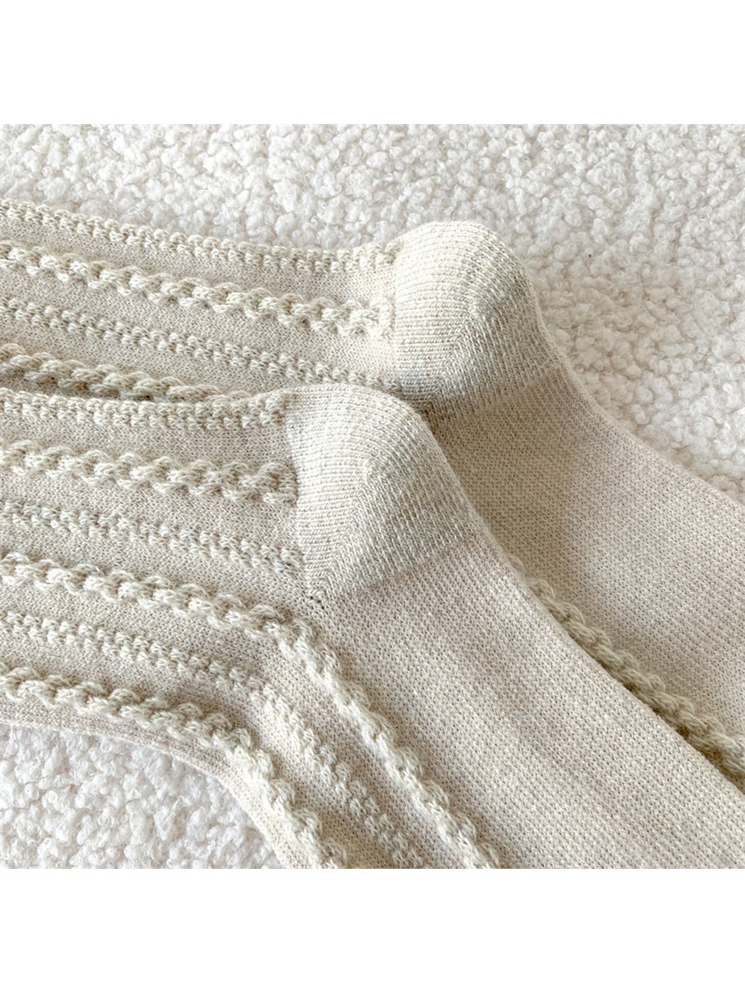 Close-up of the cable-knit columns and shaped heel panels